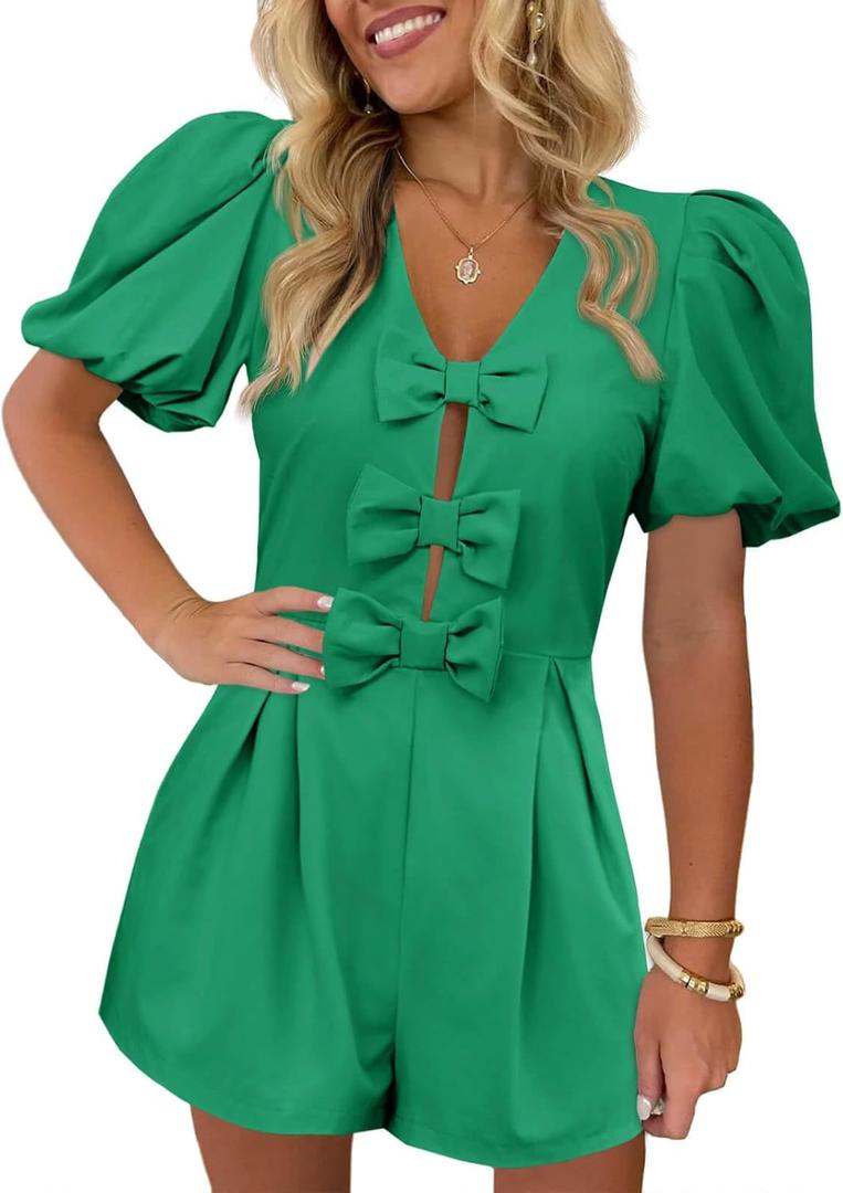 Cicy Bell Womens Cute Rompers Bow Front Puff Sleeve V Neck Short Jumpsuits Sexy Summer Outfits with Pockets (Medium, Green)