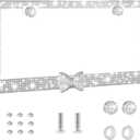 Bling License Plate Frame Rhinestone Stainless Steel Decorative Bow Street Legal Anti Theft Screws Easy Install Car Accessories for Women (White Frame + White Bow) (1P)