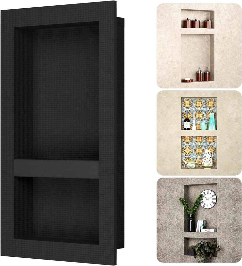 BWE Shower Niche Insert Tile Ready 16" X 28" Rectangle for Shower Wall Prefabricated Waterproof Double Shelves Recessed Niche for Shower Bathroom Storage, Black