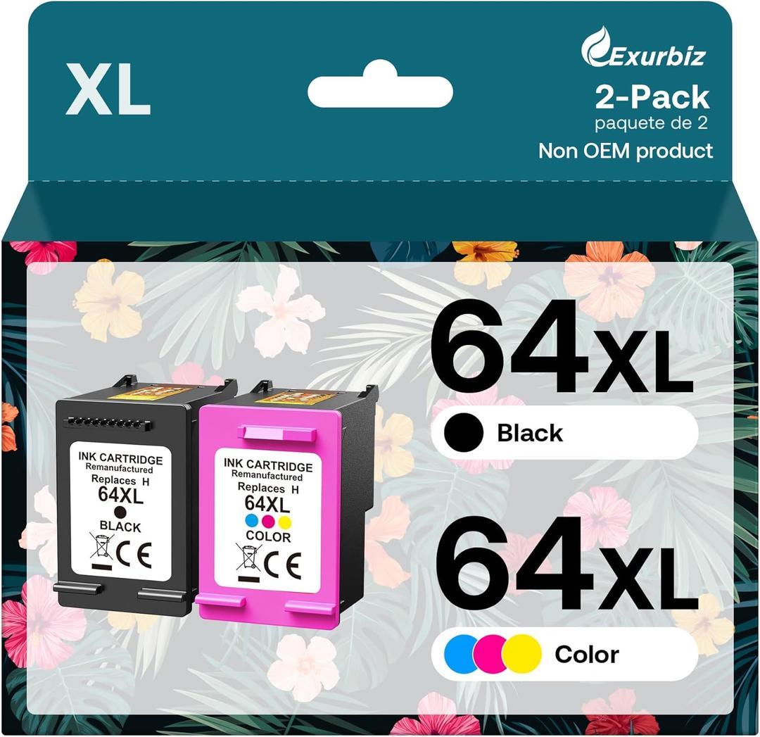 Exurbiz 64XL Ink Cartridges Combo Pack Replacement for HP 64 XL Remanufactured Envy Photo 7858 7855 7155 6255 6252 7120 6232 7158 7164 Inspire 7950e Tango Series Printer (1 Black, 1 Tri-Color)
