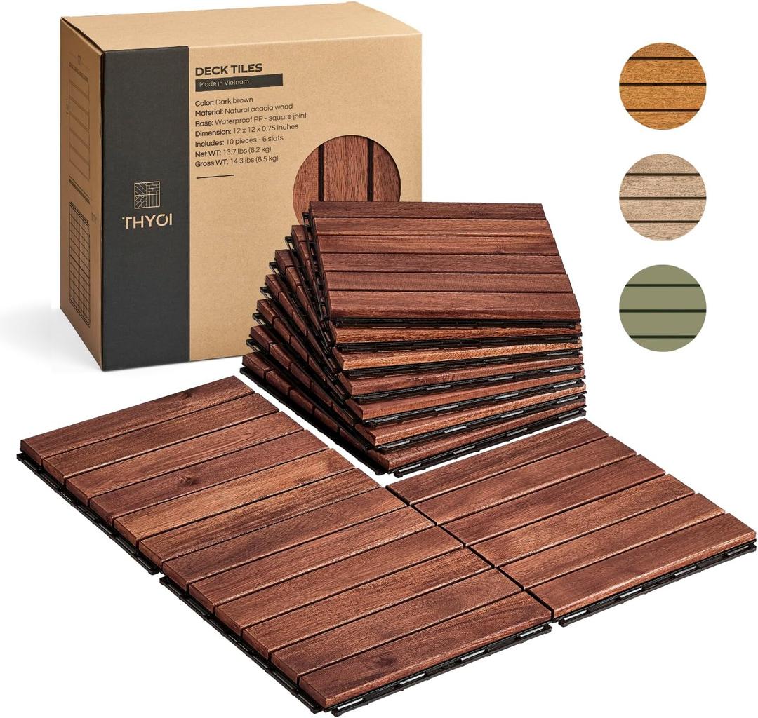 THYOI Premium Deck Tiles, Patio Flooring - Outdoor Waterproof Acacia Wood Tiles for All Weather Use - Balcony, Backyard, Indoor & Outdoor (Square Ft) (10, Dark Brown, 6S)