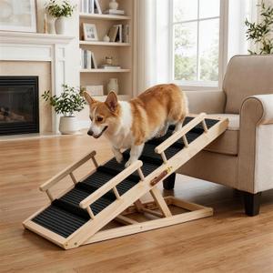 Dog Ramp for Bed, with Rails, 41.5" L, 17.5" W Extra Wide Wooden Pet Ramp for Large Dogs, 5 Heights Adjustable, Foldable Portable Dog Ramp for Couch Bed Car, Anti-Slip Carpet Surface, 220 lbs Capacity