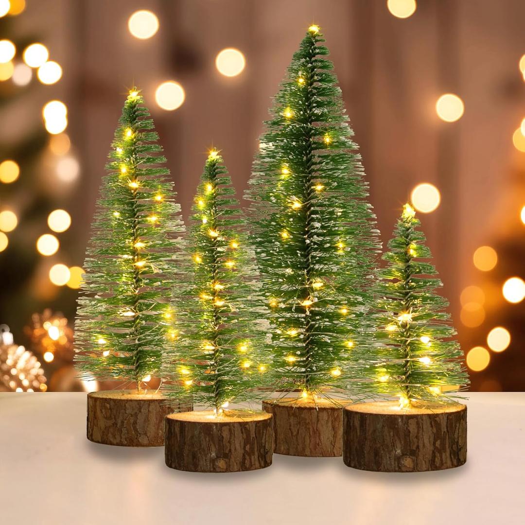 4 PCS Mini Christmas Trees, Artificial Bottle Brush Trees with 2 Modes Timer LED String Lights, Button Cell Battery Powered Desktop Small Pine Trees with Wooden Base for Home Xmas Decor (Warm White)