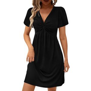 EKOUAER Womens Casual Summer Twist Front V Neck Short Sleeve Mini Dress, S