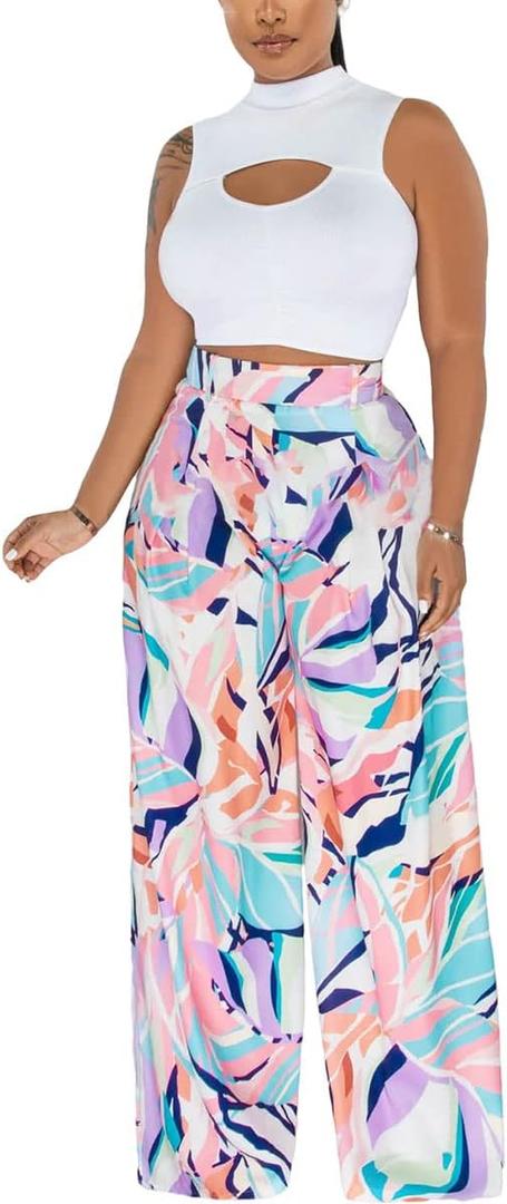 BFFBABY Womens Casual Palazzo Pants High Waist Printed Ruched Loose Flowy Lounge Wide Leg Pants (M-3XL) (9397-light Purple)