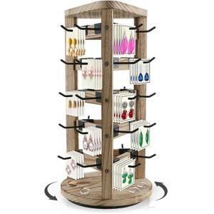Wood Rotating Earring Display for Vendors, Wooden Jewelry Display for Vendors with 30 Removable Hooks 5 Tier Tabletop Necklace Display Stand Key Chain Display