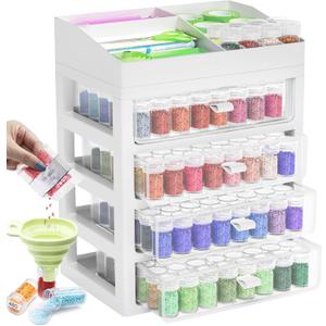 ARTDOT Storage Containers for Diamond Painting Accessories, Art Bead Organizer 4 Drawers with 192 Slots Storage Bottles and Diamond Painting Tools and Kits Rack with Funnel