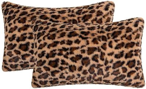 AGOKABA Leopard Print Faux Fur Throw Pillow Covers, 12x20 Inch, Set of 2, Soft Plush Animal Print Decorative Lumbar Cushion Cases for Sofa Bed Chair | Safari-Inspired Decor in Warm Terracotta Brown