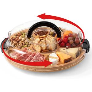 LemonRoad Rotating Charcuterie Board with Lid, 13.5 Inch Round Lazy Susan Cheese Board Portable Bamboo Serving Tray with Compartments, Housewarming Gift for Women Picnic Party Supplies