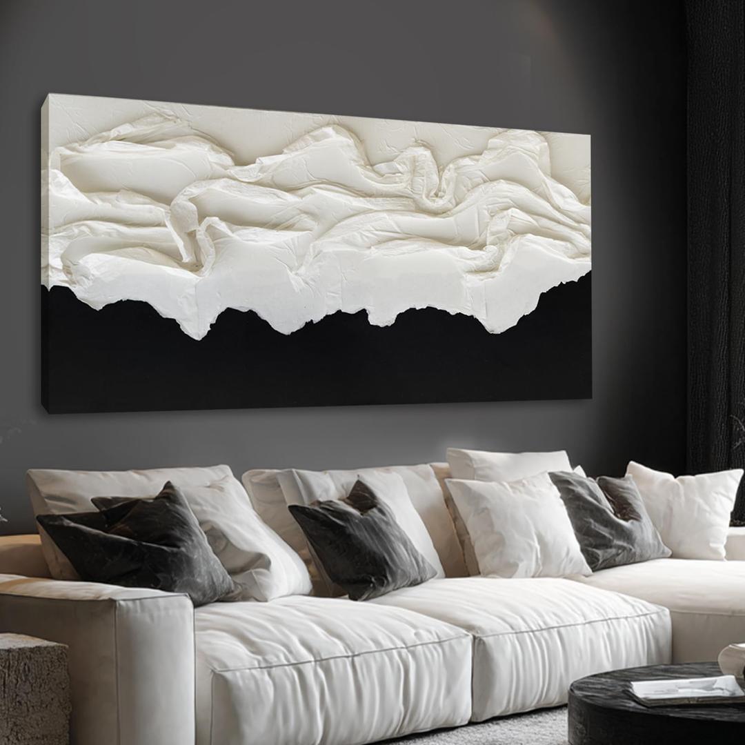 YLLTIEM Large Abstract Canvas Wall Art 29x58 Inch, Black and White Wall Art, Hand Painted Textured Wall Art, Modern Wall Decor for Living Room Bedroom Office Fireplace