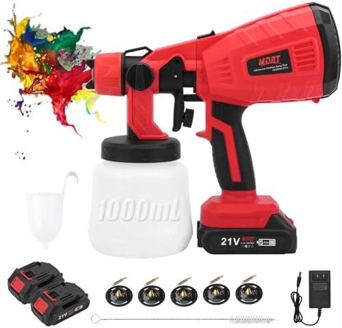 Cordless Spray Paint Gun,Airless Paint Sprayer Paint with 2Pcs 1500mAh Battery，Easy to Clean 5 Nozzles Electric HVLP Paint Sprayer for House Painting,Cabinets,Fences, Decks, Walls, DIY Projects, etc