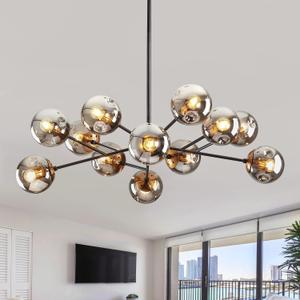 Modern Black Chandelier Sputnik Ceiling Light Fixture with 12 Globe Glass Shade Chandeliers for Dining Room Farmhouse Kitchen Living Room Bedroom Office34" Large Chandelier