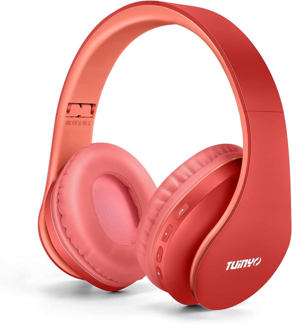 TUINYO Wireless Headphones Over Ear, Bluetooth Headphones with Microphone, Foldable Stereo Wireless Headset- (RED)