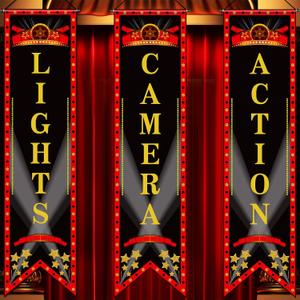 Tegeme Movie Night Porch Sign Banner Movie Theme Party Decorations Theater Welcome Now Showing Lights Camera Action Hanging Porch Sign for Home Film Backdrop Party Supplies (Delicate,Red and Black)