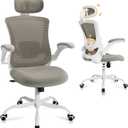 Ergonomic Office Chair with Adjustable Lumbar Support & Headrest, High Back Mesh Desk Chair with Flip-Up Armrests, Breathable & Comfortable Computer Chair for Home, Office & Study Khaki