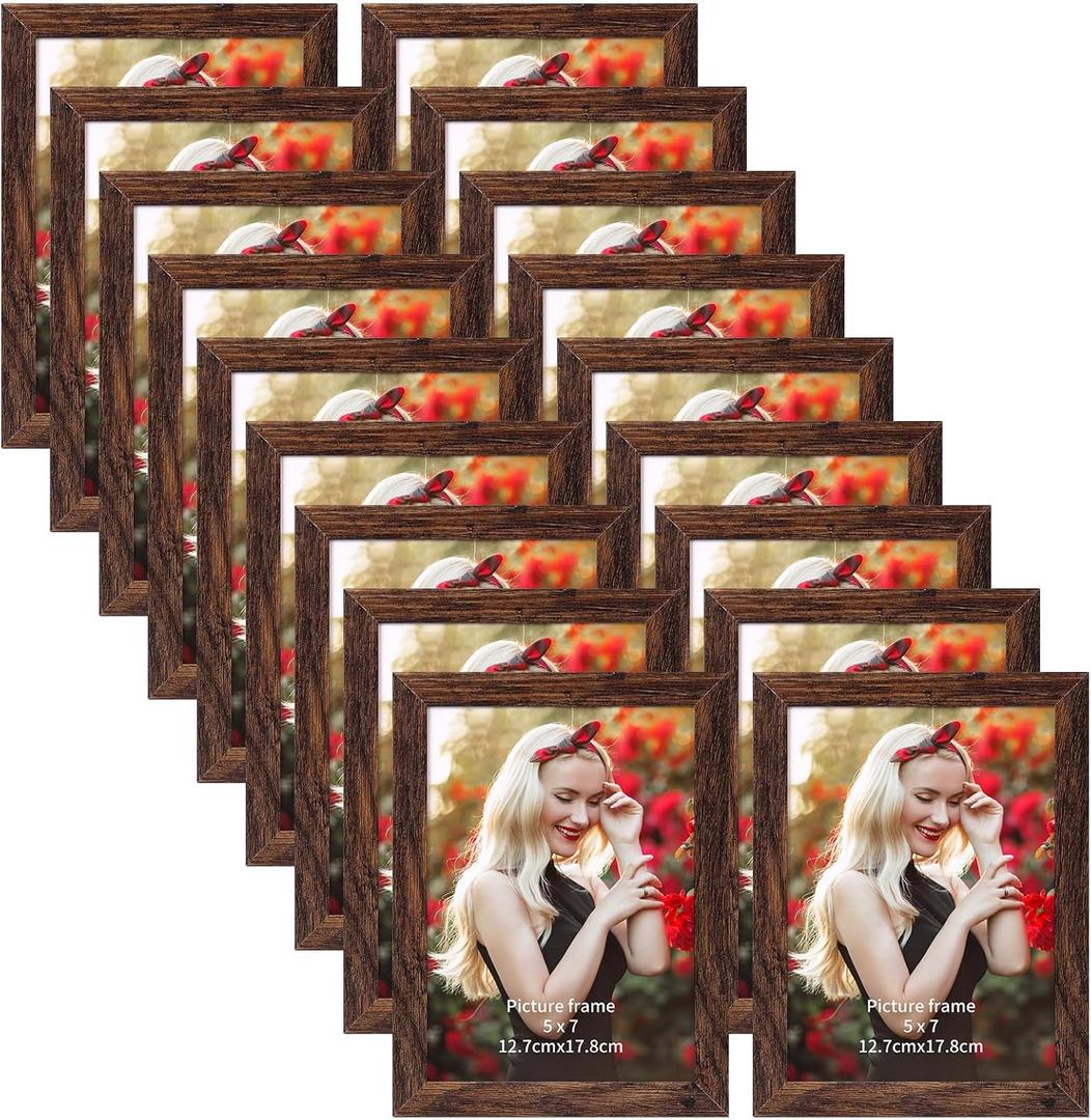 PETAFLOP Wooden Bulk 5x7 Picture Frame Set of 18, Rustic Brown Photo Frames Fits 5 by 7 for Wall or Tabletop Display