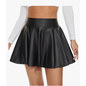 Women's Faux Leather Black Mini Skirt Classic high Waisted Skirt Pleated Skirt PU Black Leather Skirt X-Large