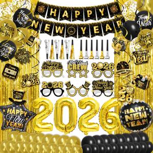 New Years Party Decorations 2026,Happy New Years Eve Supplies Black Gold New Year Banner,Hanging Swirls,Numbers 2026 Balloons,Gold Fringe Curtain,Glasses,Noisemakers,Balloons