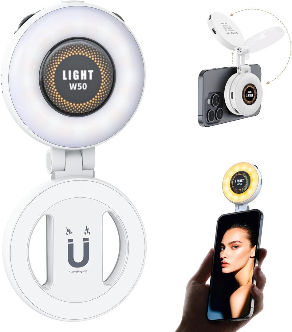 Magnetic Portable Selfie Light for iPhone - Phone Ring Light Rechargeable for Camera Picture Make up Photos Video Conferences LED Selfie Ring Fill Light TikTok/Zoom Calls/Video Conference (black-white)