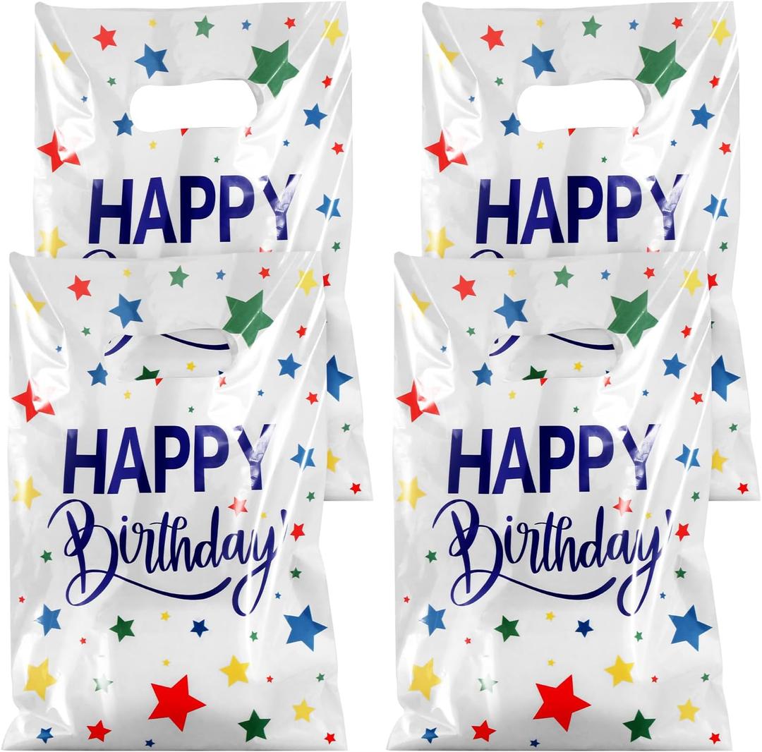 4 x Hxezoc 50 Pieces Birthday Candy Bags Happy Birthday Goodie Bag Plastic Treat Bags Gift Wrap with Handles Favor Bags For Birthday Party Decoration Supplies (White)