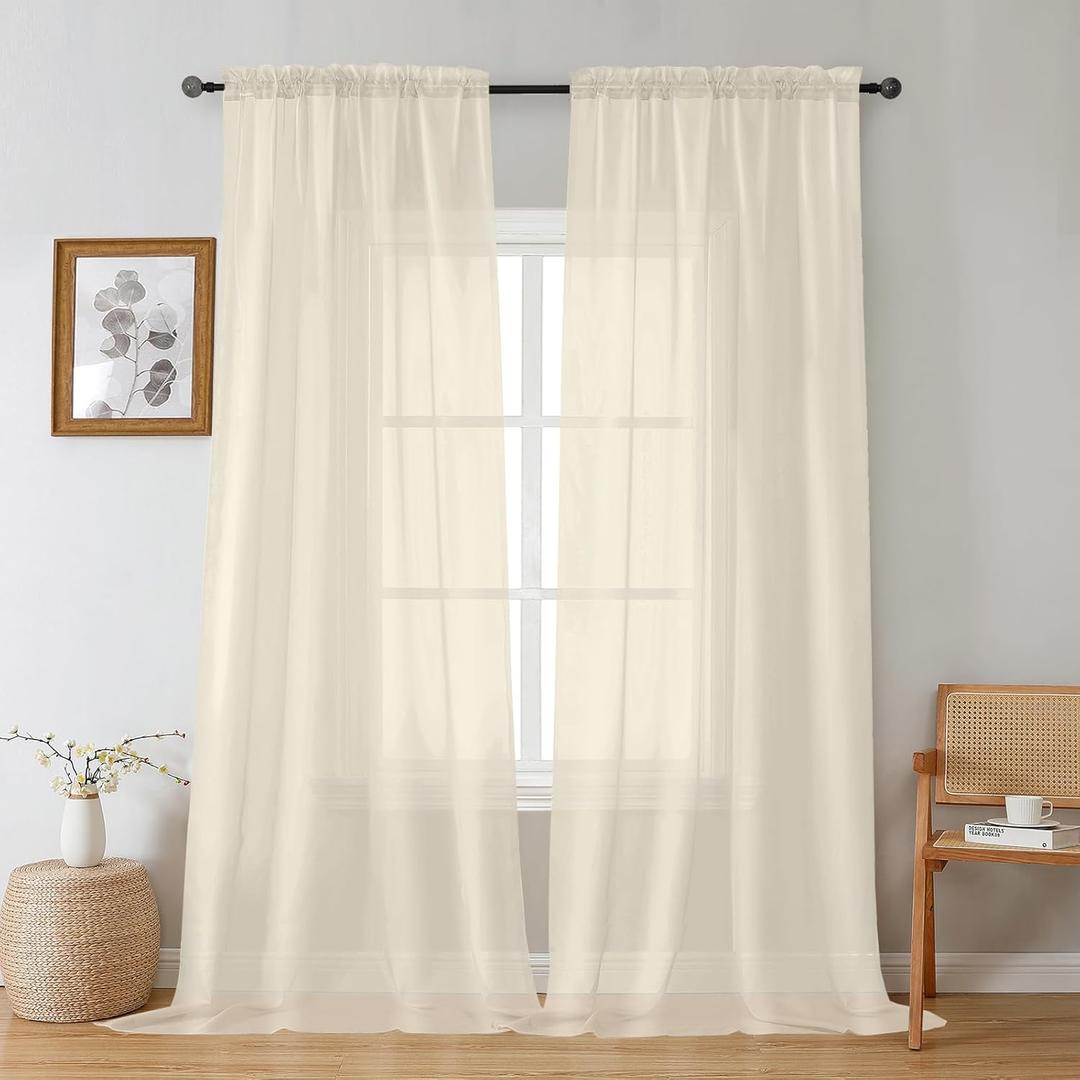 Gwine Cream Sheer Curtains 96 Inches Long 2 Panels, Elegant Window Treatments Voile Curtains for Living Room, Light Filtering Rod Pocket Sheer Drapes, Each 42" Wx96