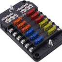 WUPP Boat Marine Fuse Block Panel with LED Warning Indicator Damp-Proof Cover - 12 Circuits with Negative Bus Fuse Box Holder Screw for Car Marine RV Truck DC 12-24V, Fuses Included