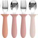 Eascrozn Toddler Spoons and Forks Set, 6 Pack Kids Silverware with Silicone Handle, BPA Free, 18/8 Stainless Steel Children Safe Toddler Utensils, Dishwasher Safe (Purple)
