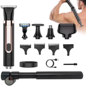 Back Shaver for Men, 5-in-1 Electric Back Hair Removal Razor with Adjustable Extension Handle, Body Hair Trimmer Grooming Kit for Wet or Dry Shaving,Rechargeable,Waterproof (Black)
