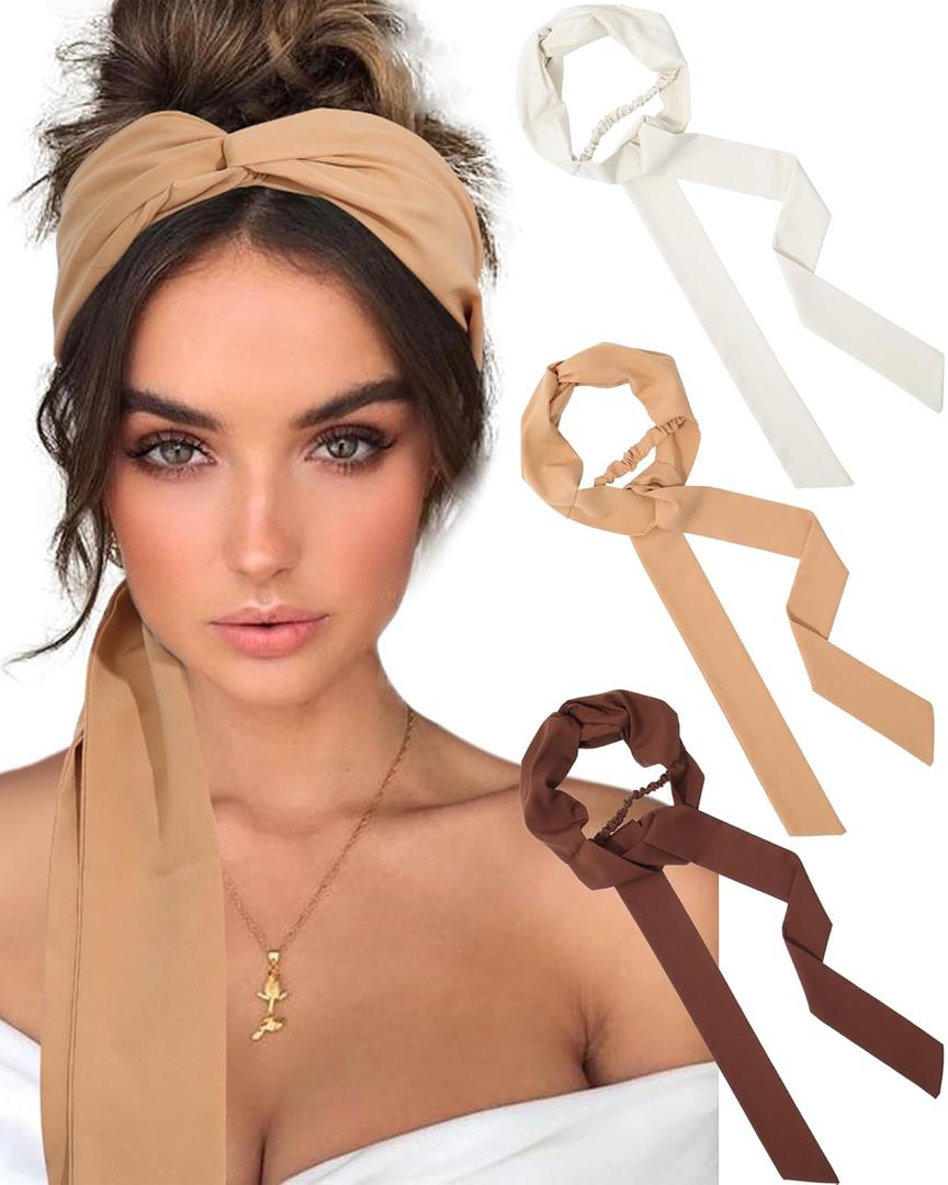 AWAYTR Women's Long Twist Knotted Chiffon Headbands - 3PCS Criss Cross Head Wraps for Thick Hair (Earth Tone)