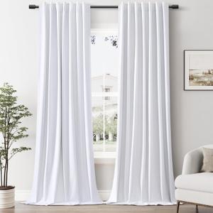 White Linen 100% Blackout Curtains 96 Inches Long 2 Panels Set Thermal Insulated Curtains for Living Room Back Tab Rod Pocket Room Darkening Curtains for Bedroom Nursery, 52x96