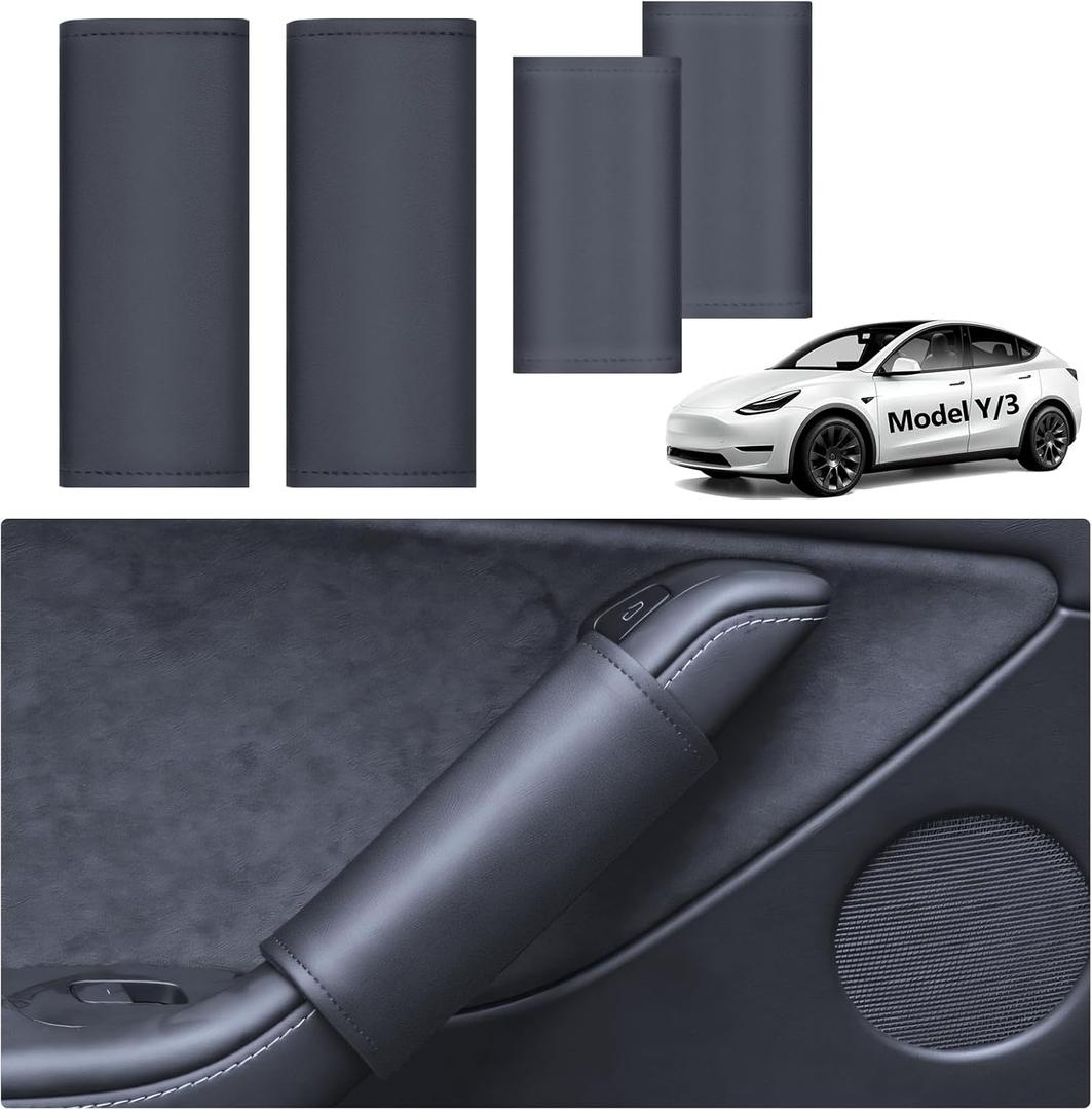 2025 Tesla 4PCS Grab Handle Cover Model Y Model 3 2017-2025, Tesla Inside Door Handle Protector, Tesla Cover Door Handle Anti-Scratch Leather Handle Plate Model Y Model 3 Accessories