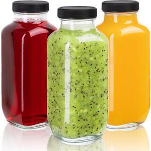 Juice Bottles with Lids, 16 Oz - Set of 3 - Clear Glass Jars with Caps - Reusable Empty Drink Containers for Juicing, Smoothies, Water, Milk, Kombucha Storage, Wellness Shots and More (3)