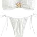 GORGLITTER Women's Strapless Bandeau Swimsuits High Cut Tie Side Thong Ring Bikini Sets Bathing Suits (Medium, White)