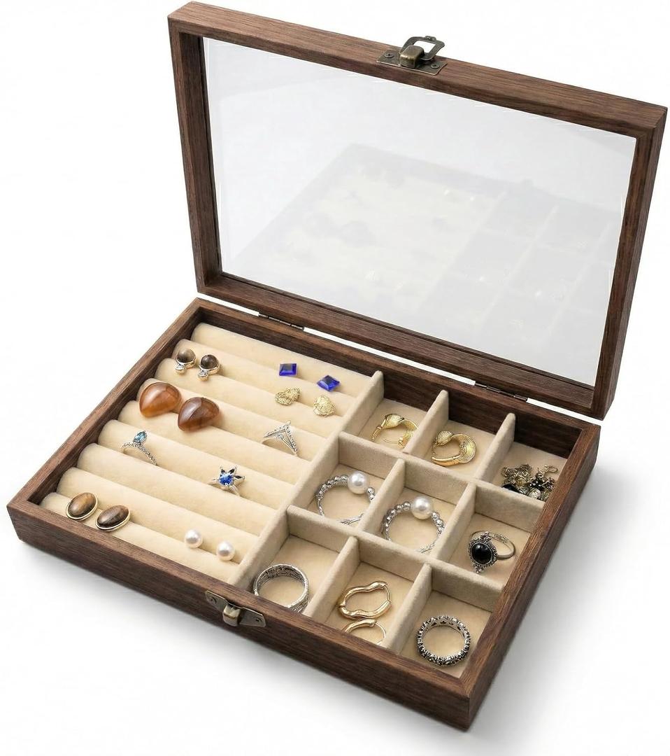 CT SUN Small Wooden Ring & Earring Organizer Box Case, Display Case with HD Glass Lid, Velvet Lining, Organizer for Women Rings Earrings Bracelets Brooches, Compact Size Jewelry Box for traveling