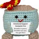 Handmade Emotional Support Dumpster Fire Crochet Gift - Funny Desk Decor with Positive Card for Coworkers, Teachers, Adults, Meme Lovers, Christmas, Halloween, Office Pranks, Knitted Doll Toys (Blue)
