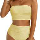 High Waisted Bandeau Bikini Set - Women Strapless Two Piece Swimsuits Ribbed Longline Full Coverage Bathing Suits Swimwear (Yellow, Large)