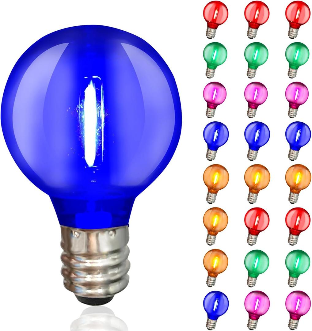 25 Pack Multicolor G40 LED Christmas Replacement Light Bulbs, Replacement Bulbs for Christmas String Lights, G40 Shatterproof Waterproof Dimmable Globe Lights Bulbs E12 Intermediate Base