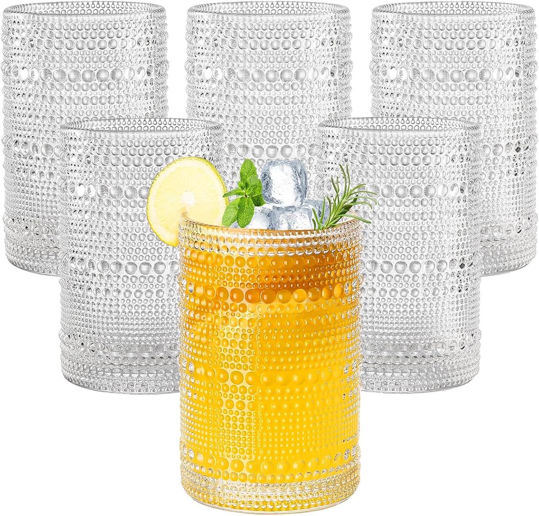 15oz Hobnail Drinking Glasses Set of 6,Clear Vintage Glassware Embossed Water Tumbler,Cocktail Glass Cups for Beer,Whiskey,Juice and Various Mixed Drinks
