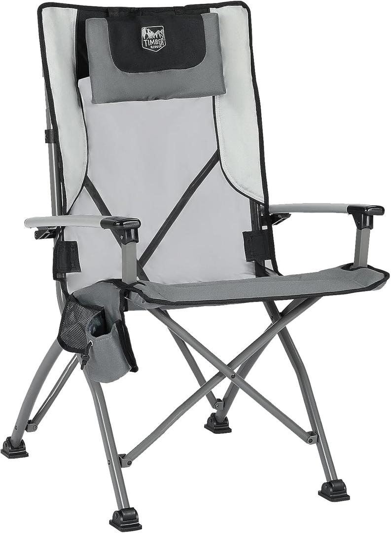 TIMBER RIDGE Folding Camping Chair for Adults, Aluminum Collapsible High Back Chairs with Organizer Cup Holder and Removable Headrest, Heavy Duty Supports up to 300 Lbs, Grey