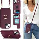 Lipvina for iPhone 15 Case with Card Holder and Strap for Women,Crossbody Lanyard,RFID Blocking,Stand Ring Kickstand,Snap Clasp,Phone Wallet Cases 6.1 inch(Wine Red)