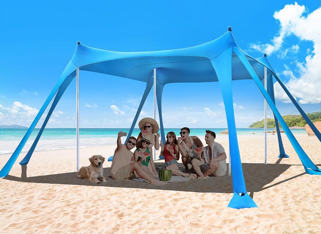 Osoeri Beach Tent, Camping Sun Shelter UPF50+ with 8 Sandbags, Sand Shovels, Ground Pegs & Stability Poles, Outdoor Shade Beach Canopy for Camping Trips, Fishing, Backyard Fun or Picnics (EXP 07/09/26)