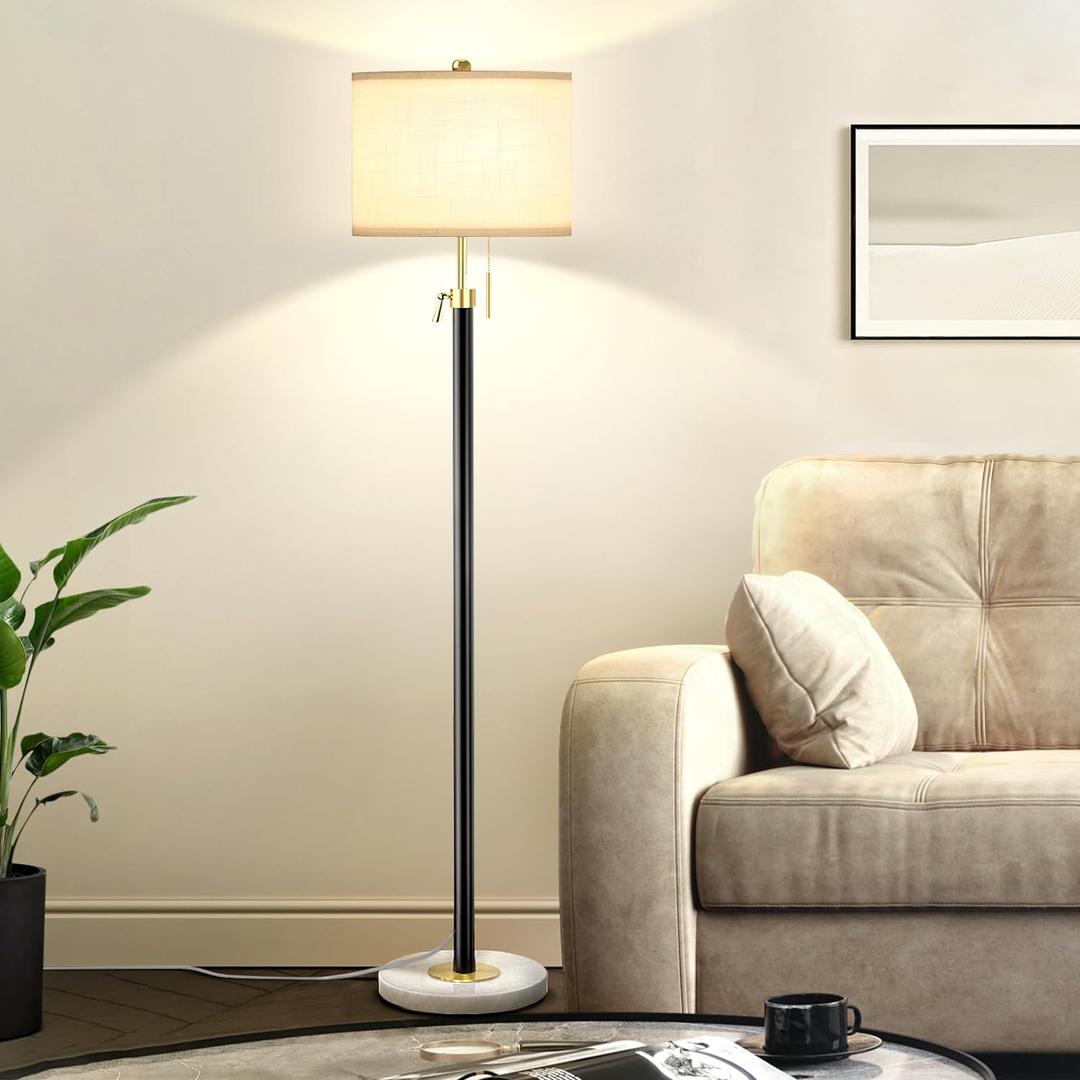 Floor Lamp for Living Room Adjustable Tall Standing Lamp, 3-Way Dimmable Floor Lamp for Bedroom Office, Black Gold Lamp with Marble Base and White Linen Shade