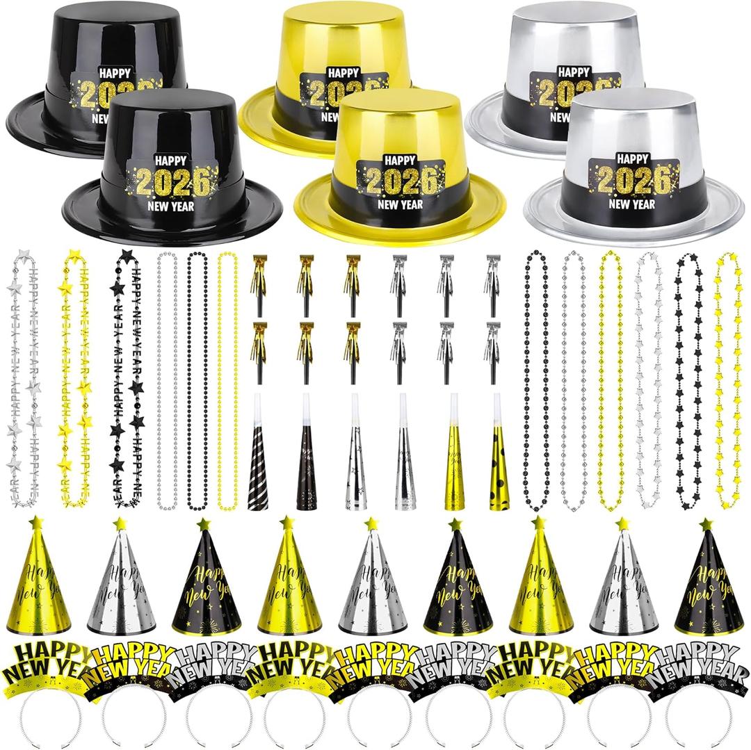 60PCS New Years Eve Party Favors, 24 Guests New Years Party Hats, 2026 New Years Eve Headband, New Year Party Supplies NYE Noise Makers Gold Silver Black Cone Hats Horns New Years Necklace Adults