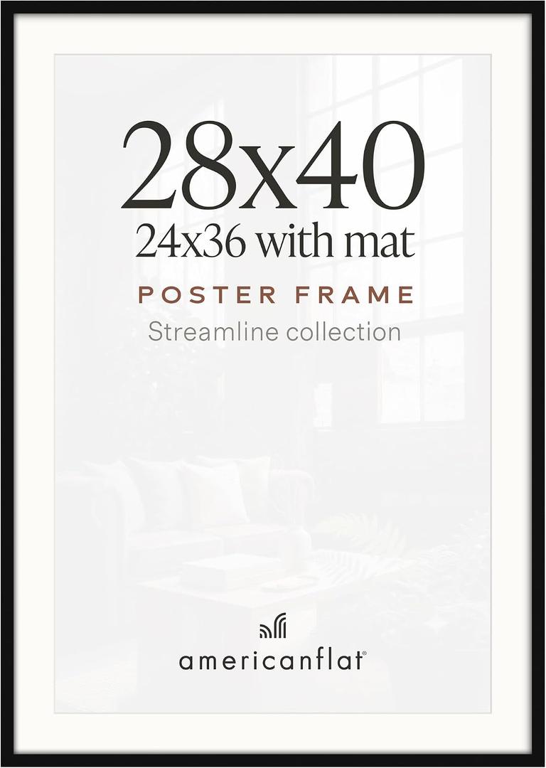 Americanflat 28x40 Poster Frame - Matted to 24x36 - Slim Molding - Black