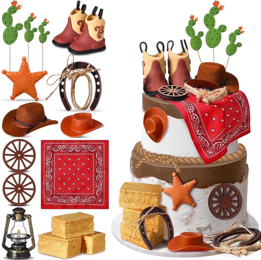 Cowboy Birthday Party Decorations Cowboy Cake Toppers Hat and Boot Western Cake Decoration Toppers Horseshoe Wheel Scarf Cupcake Picks for Western Theme Baby Shower Party Favor Supplies