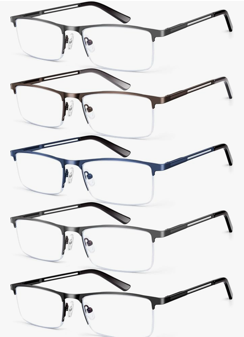 Blue Light Blocking Reading Glasses for Men, Half Frame Metal Readers Spring Hinge Eyeglasses Anti Eyestrain/Glare/UV +3.0