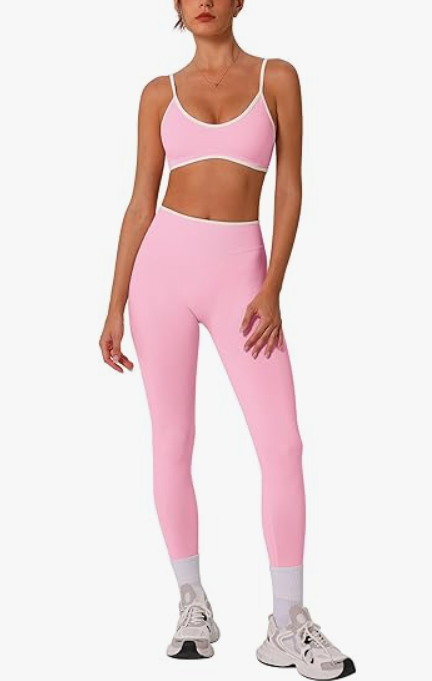ABOCIW Workout for Women 1 Piece Gym Color Block Strappy Sports High Waist Tummy Control Leggings Yoga Pilates Outfits Athletic Work Out Clothes Pink, Large