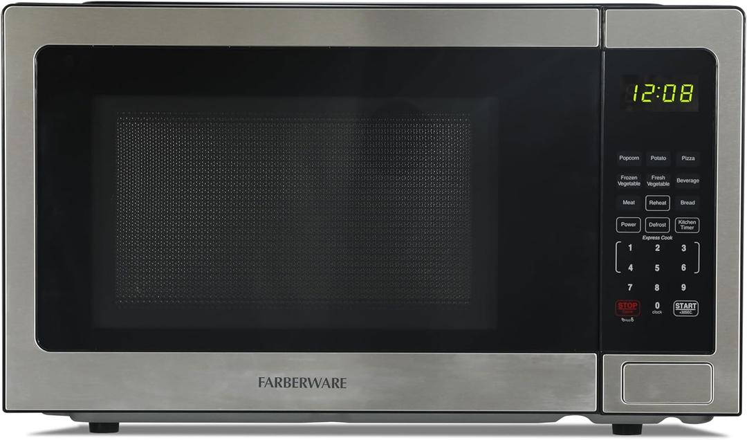 Farberware 1.1 Cu. Ft. Countertop Microwave Oven  1000 Watts Power, Auto Cook Settings, Defrost, Easy Clean and Child Safety Lock - Stainless