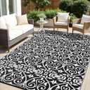 OLANLY Outdoor Rug Waterproof 6x9 ft Clearance, Reversible Outdoor Plastic Straw Rug with Floral Pattern, RV Mat for Patio, Camping, Balcony, Deck, Backyard, Black & White