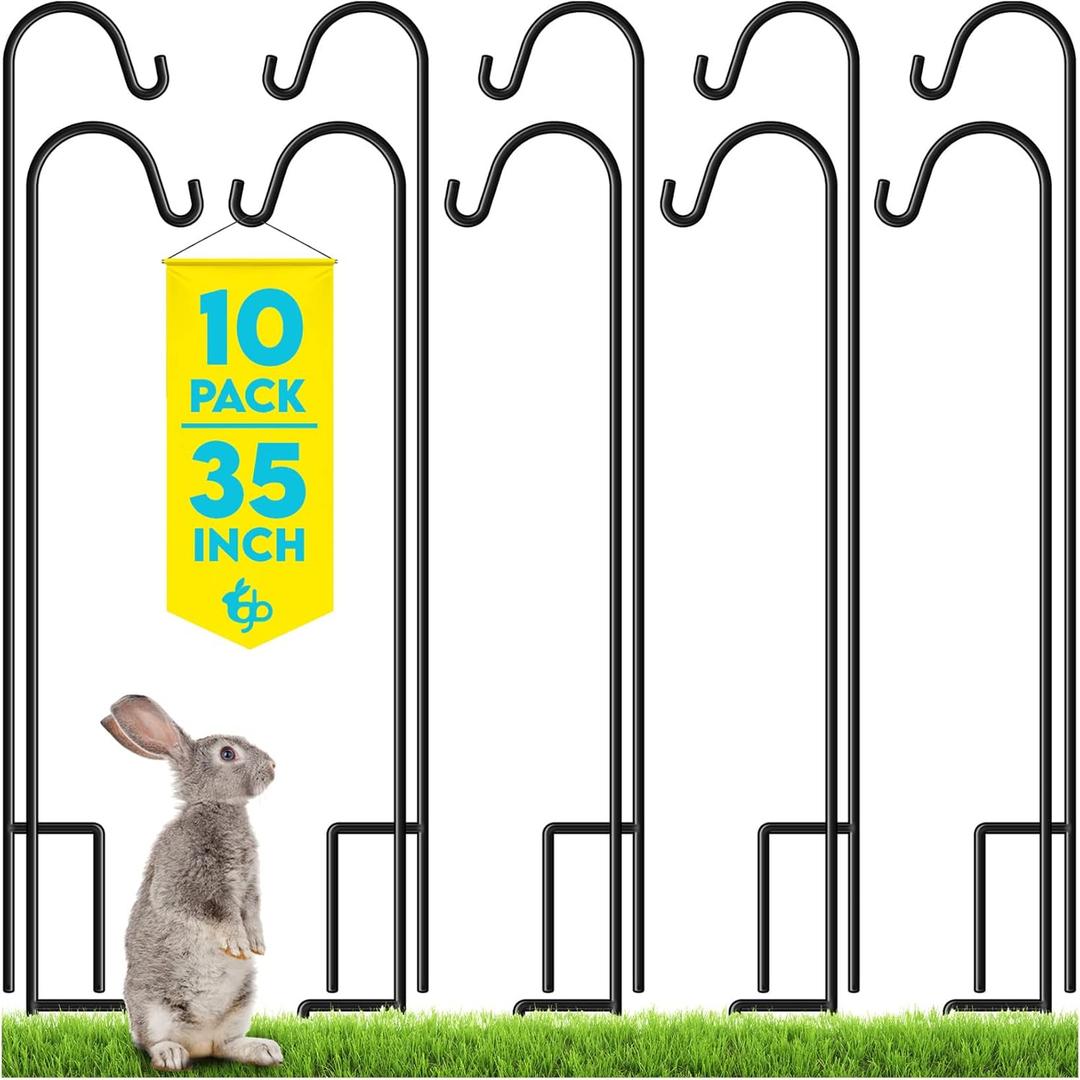 Gray Bunny Shepherds Hooks for Outdoor 35 10 Pack, Thick Heavy Duty Bird Feeder Pole for Outside Yard, Hanging Plant Stand, Non-Hollow, Non-Adjustable, Extra Long Base Prongs for Backyard Wedding (35 Inch)